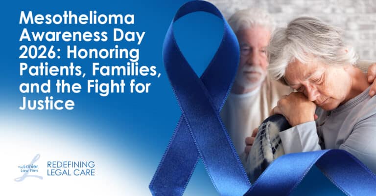 An elderly woman comforting her husband against a soft blue background alongside text reading 'Mesothelioma Awareness Day 2026: Honoring Patients, Families, and the Fight for Justice' with The Lanier Law Firm logo and a blue ribbon.