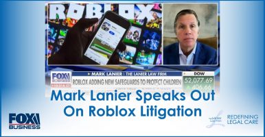 Photo of Mark Lanier on Fox interview discussing Roblox Litigation with the Lanier Law Firm and Fox Business logos